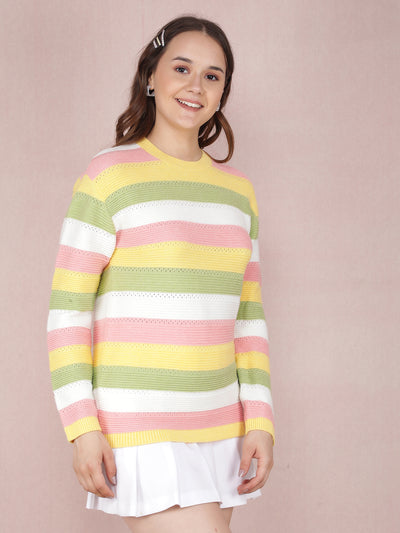 Yellow Horizontal Striped Long Acrylic Sweater-Women Sweaters-Crimsoune Club