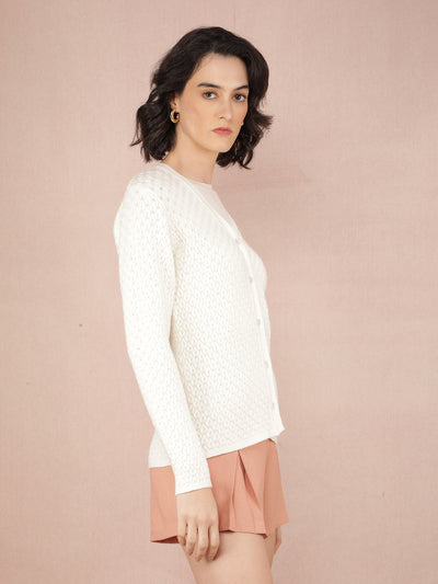 White Jacquard V-Neck Cardigan-Women Sweaters-Crimsoune Club