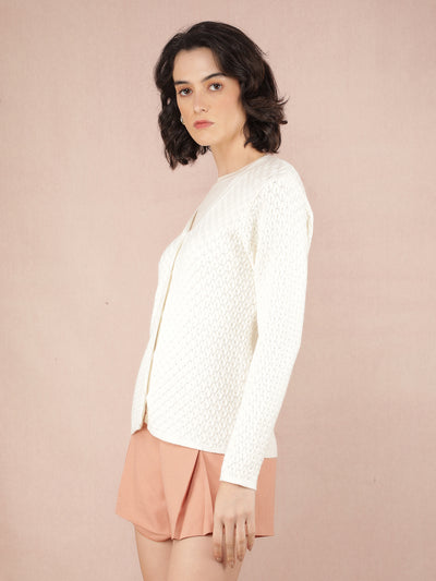 White Jacquard V-Neck Cardigan-Women Sweaters-Crimsoune Club