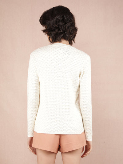 White Jacquard V-Neck Cardigan-Women Sweaters-Crimsoune Club