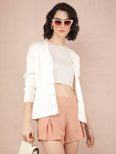 White Jacquard V-Neck Cardigan-Women Sweaters-Crimsoune Club