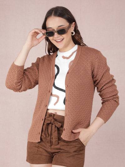 Brown Jacquard V-Neck Cardigan-Women Sweaters-Crimsoune Club