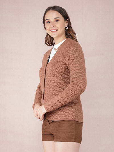 Brown Jacquard V-Neck Cardigan-Women Sweaters-Crimsoune Club