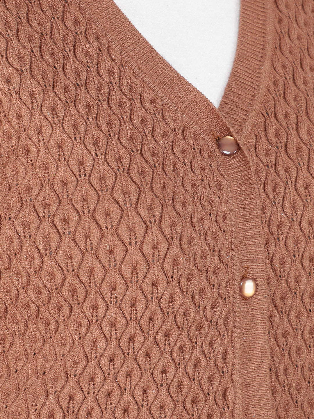 Brown Jacquard V-Neck Cardigan-Women Sweaters-Crimsoune Club