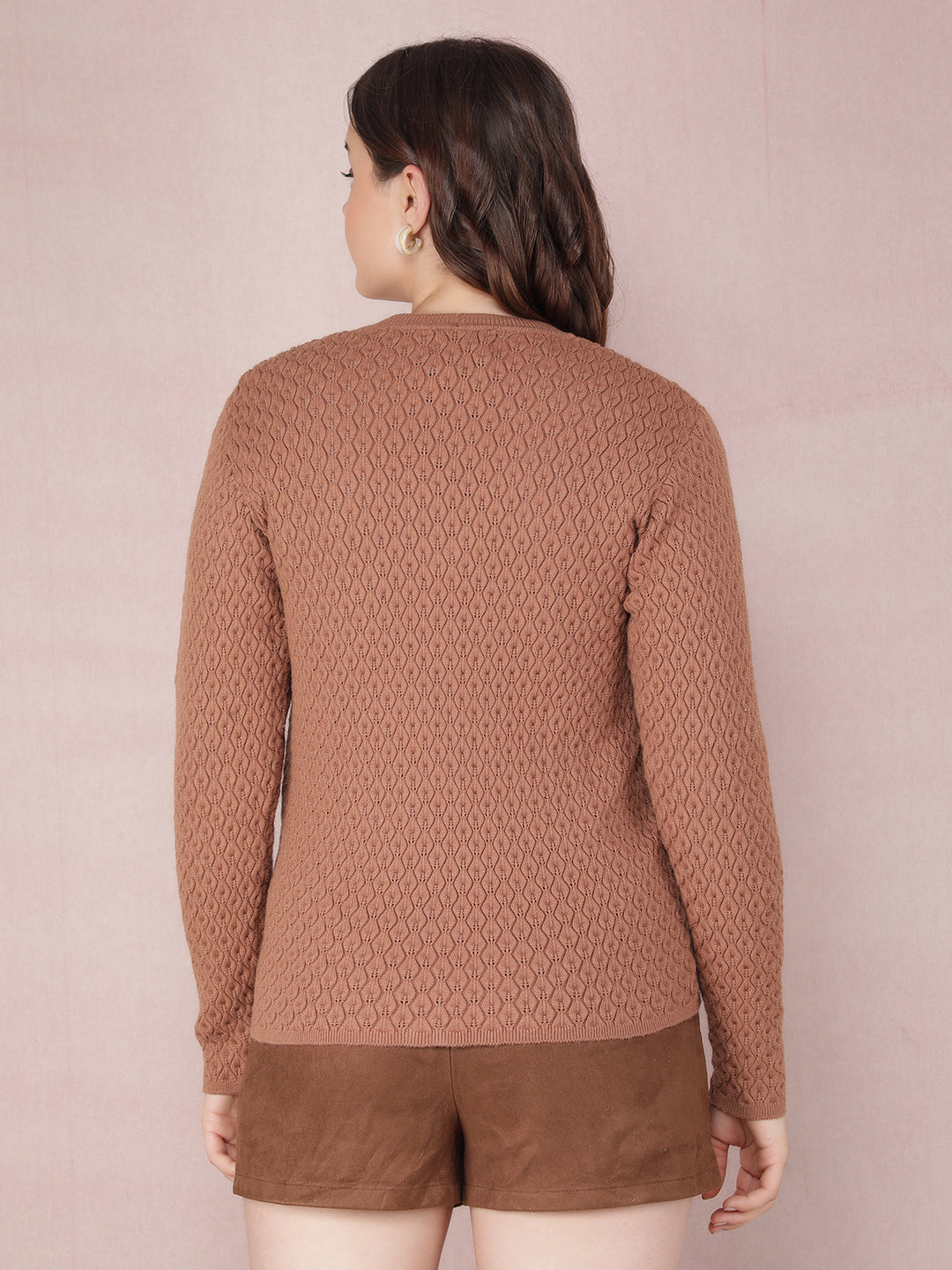 Brown Jacquard V-Neck Cardigan-Women Sweaters-Crimsoune Club