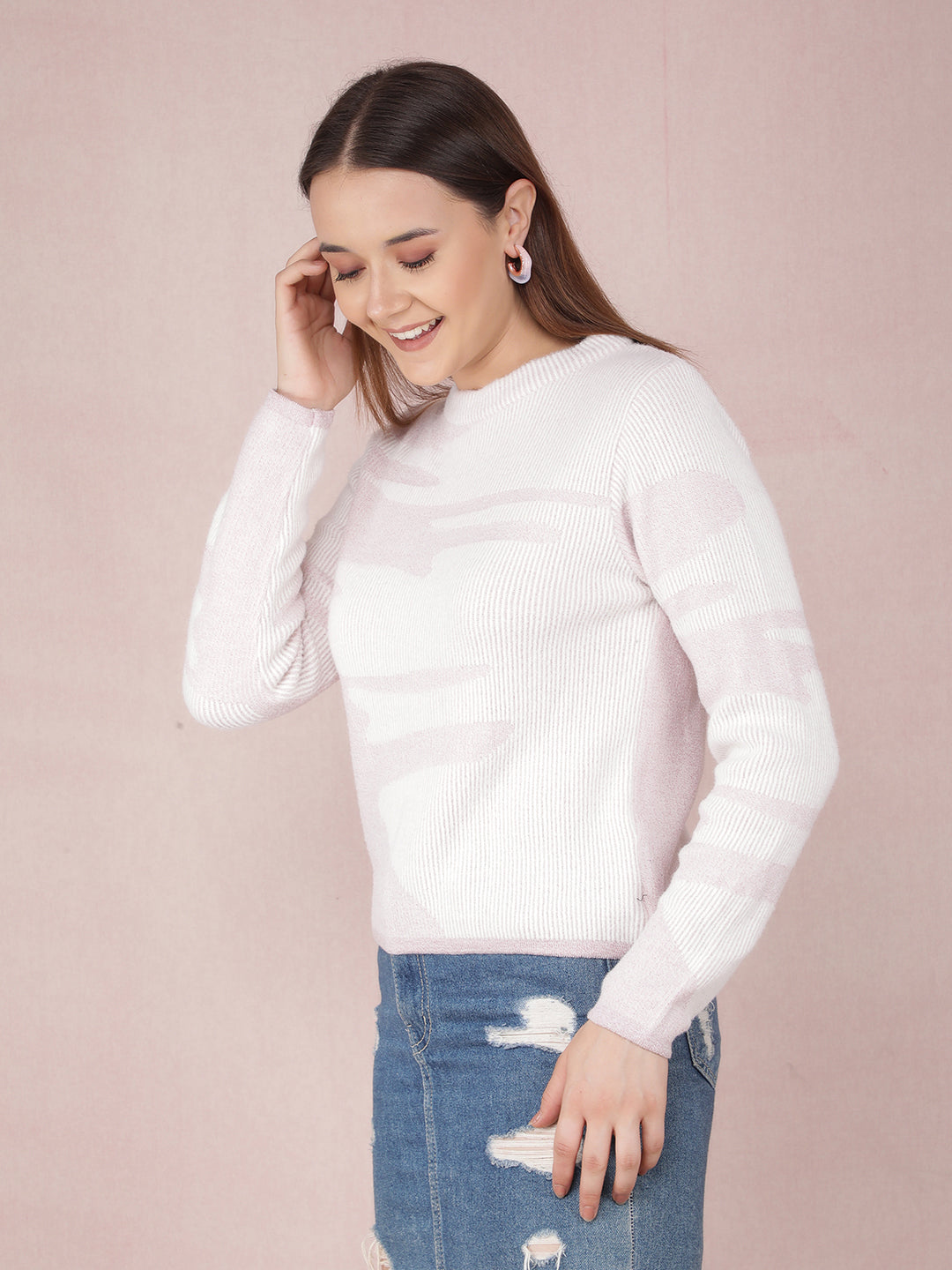 Pink Jacquard Acrylic Sweater-Women Sweaters-Crimsoune Club