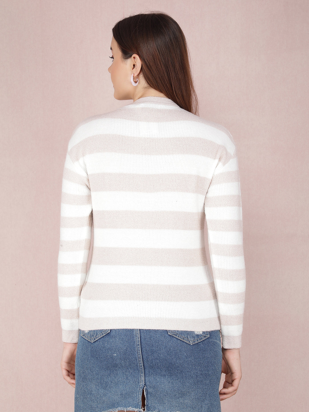 Pink Horizontal Striped Acrylic Sweater-Women Sweaters-Crimsoune Club