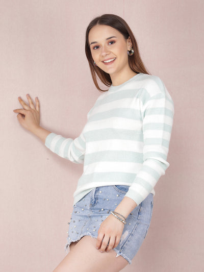 Green Horizontal Striped Acrylic Sweater-Women Sweaters-Crimsoune Club