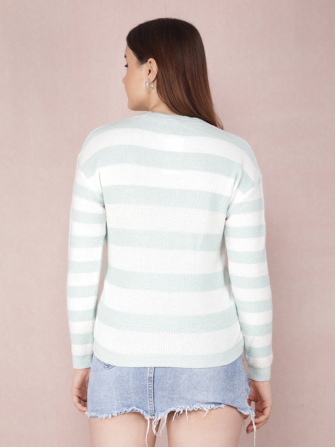 Green Horizontal Striped Acrylic Sweater-Women Sweaters-Crimsoune Club