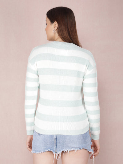 Green Horizontal Striped Acrylic Sweater-Women Sweaters-Crimsoune Club