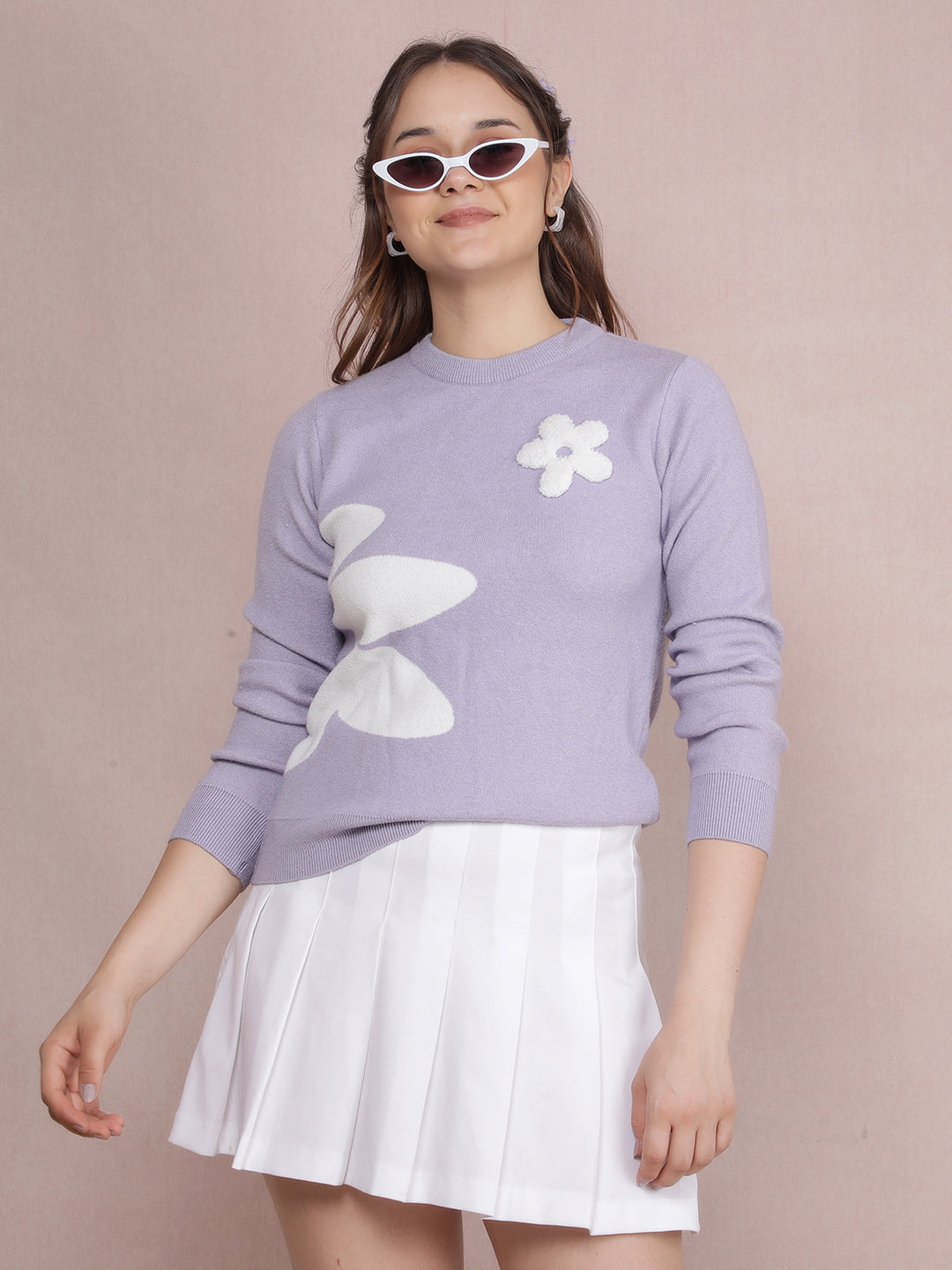 Purple Floral Print Sweater-Women Sweaters-Crimsoune Club