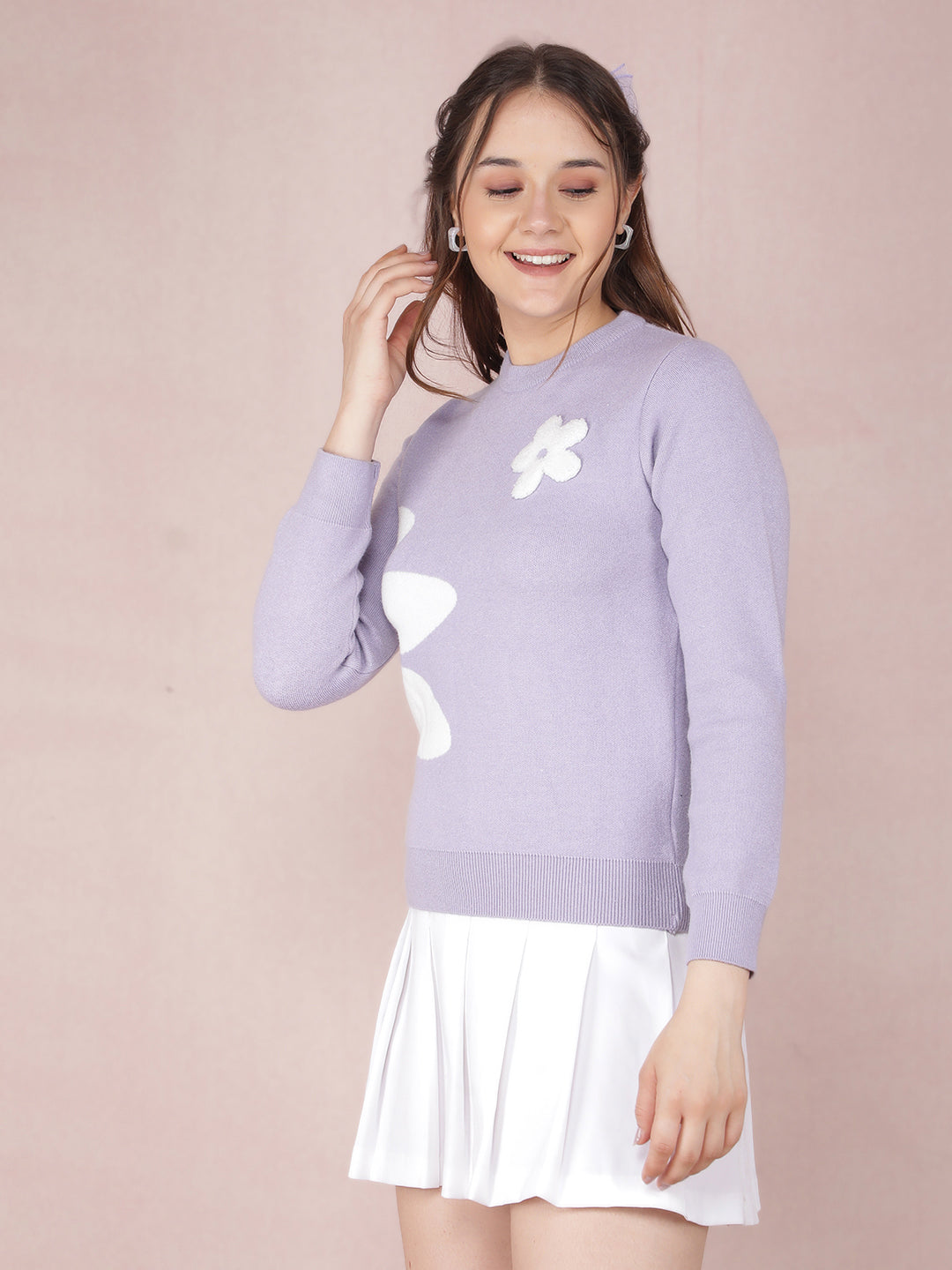 Purple Floral Print Sweater-Women Sweaters-Crimsoune Club