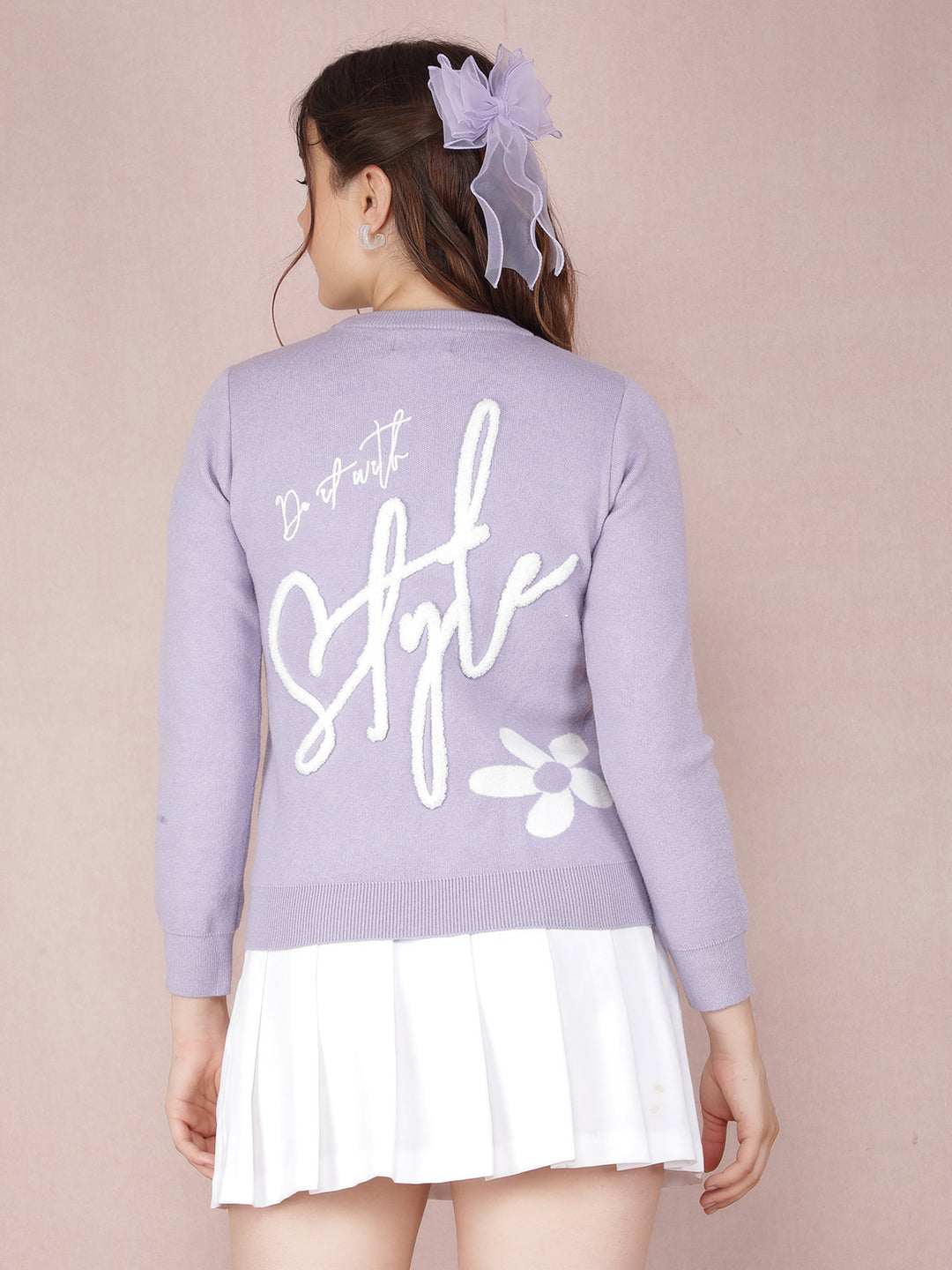 Purple Floral Print Sweater-Women Sweaters-Crimsoune Club