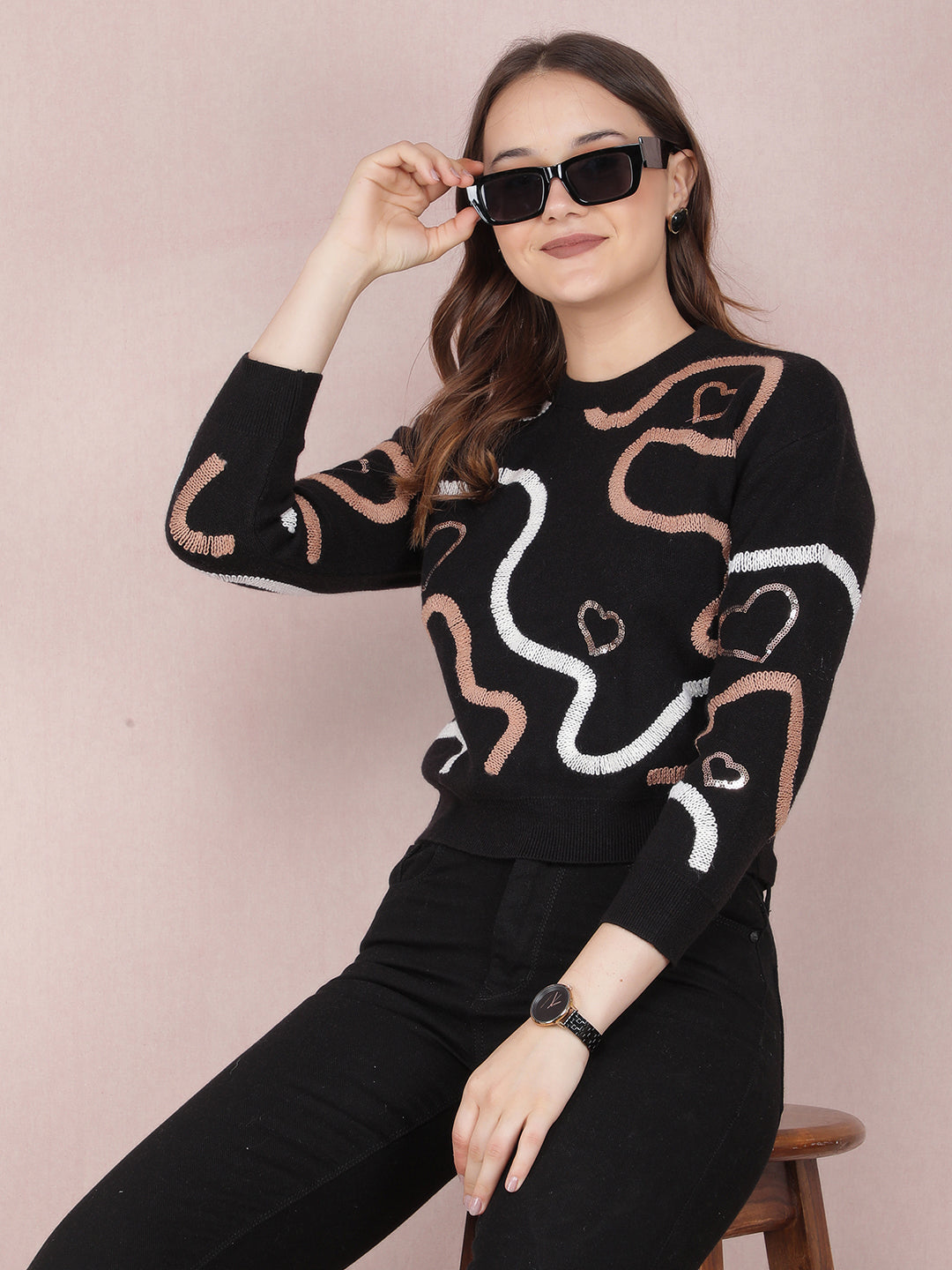 Black Graphic Print Crop Sweater-Women Sweaters-Crimsoune Club