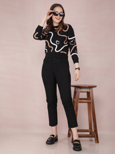 Black Graphic Print Crop Sweater-Women Sweaters-Crimsoune Club