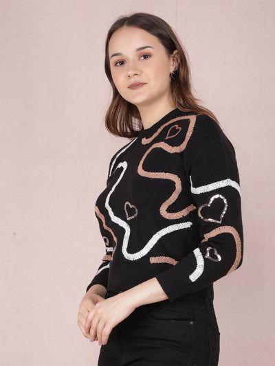 Black Graphic Print Crop Sweater-Women Sweaters-Crimsoune Club