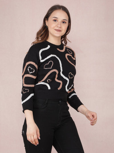 Black Graphic Print Crop Sweater-Women Sweaters-Crimsoune Club