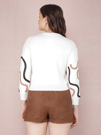 White Graphic Print Crop Sweater-Women Sweaters-Crimsoune Club