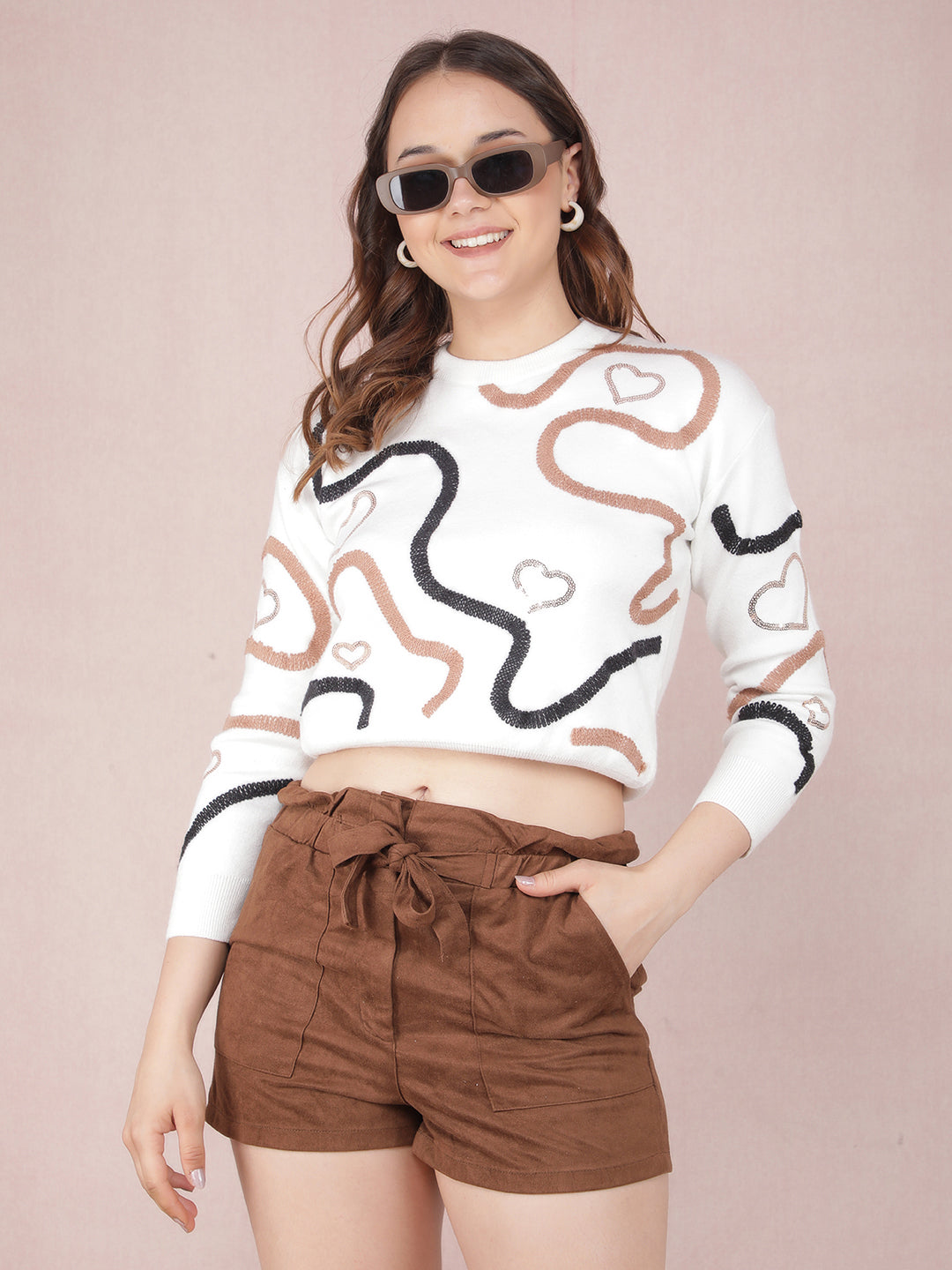 White Graphic Print Crop Sweater-Women Sweaters-Crimsoune Club