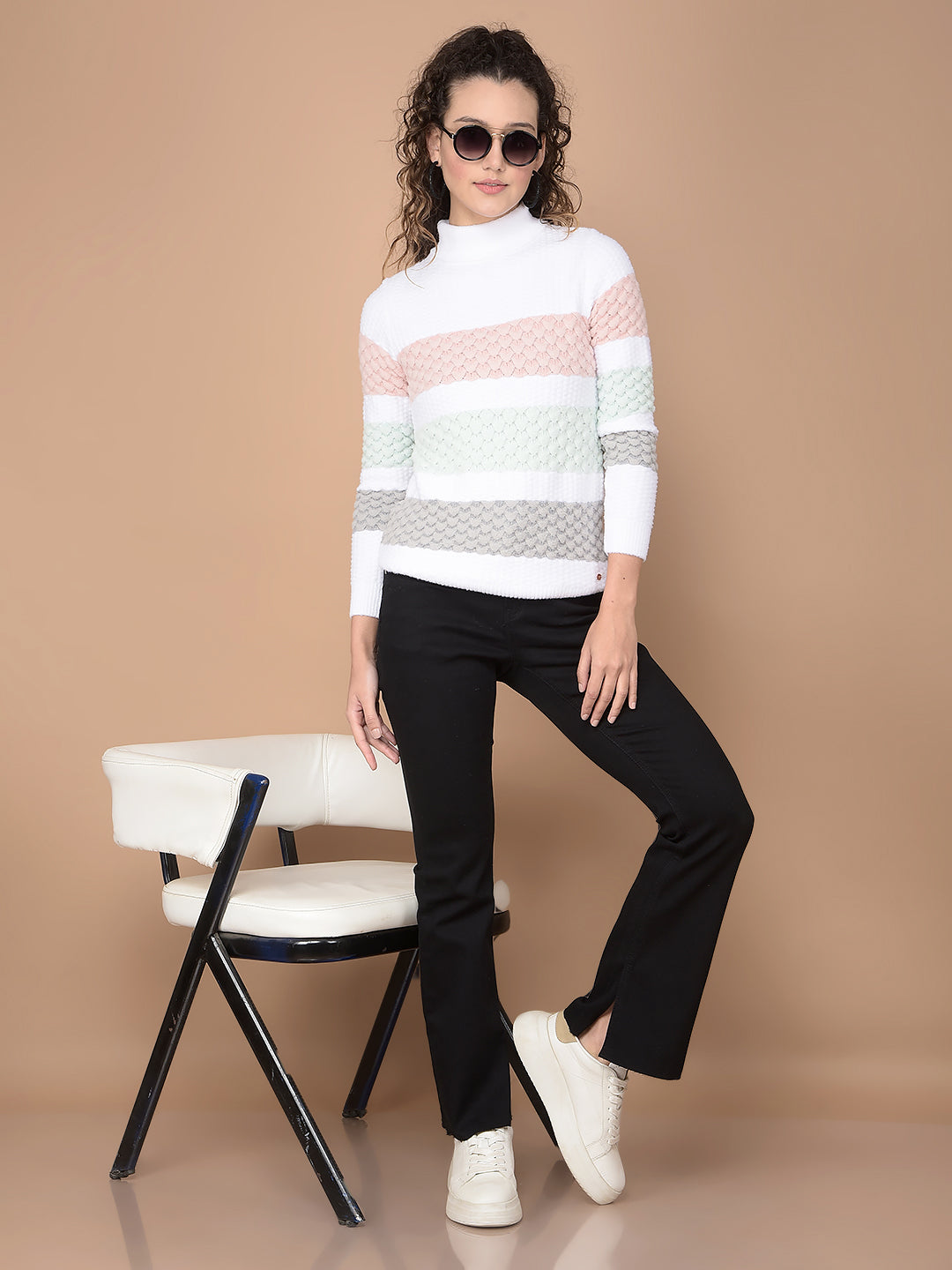 Multi-Color Horizontal Stripes High Neck Sweater-Women Sweaters-Crimsoune Club