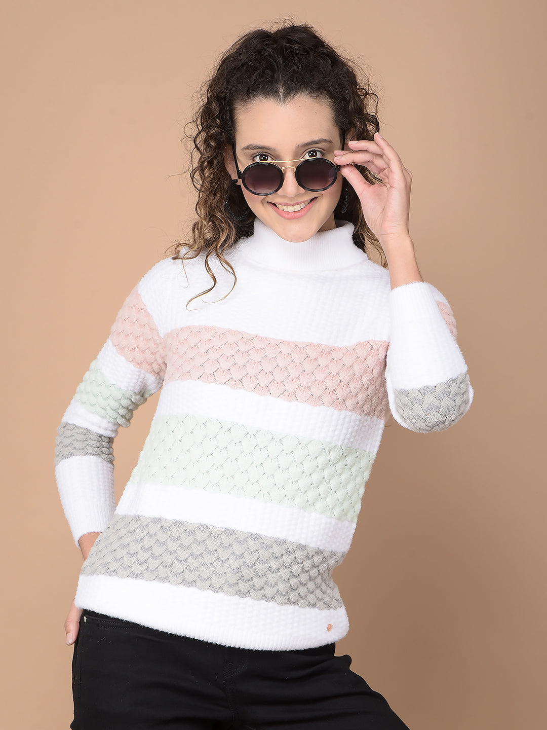 Multi-Color Horizontal Stripes High Neck Sweater-Women Sweaters-Crimsoune Club