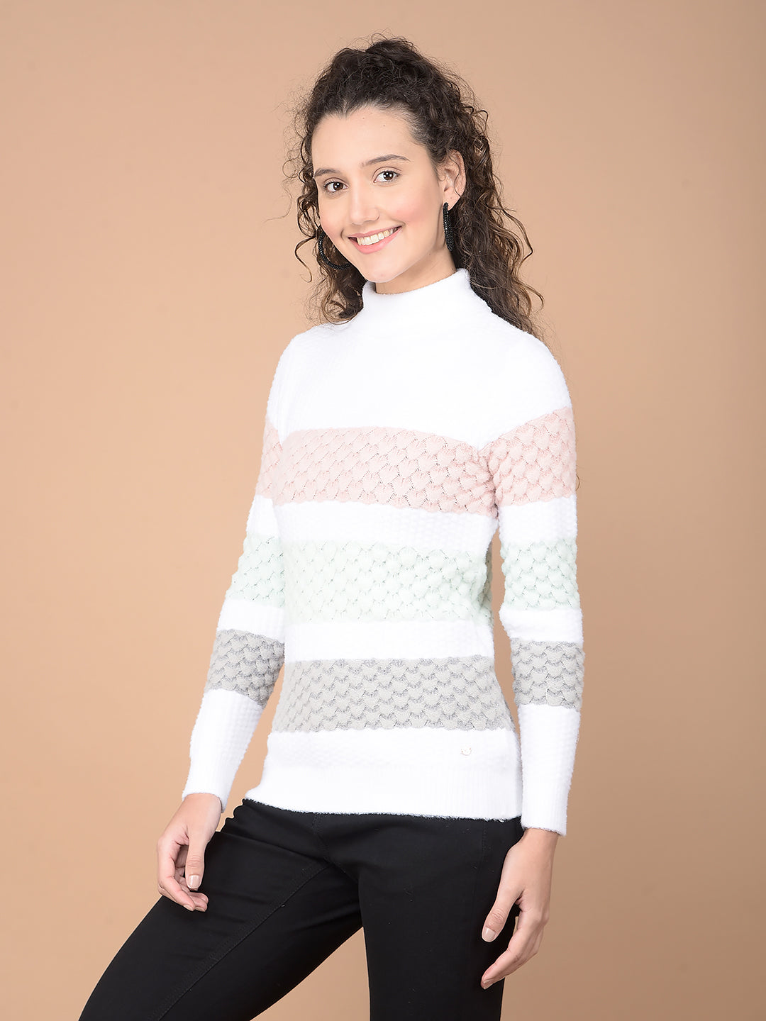 Multi-Color Horizontal Stripes High Neck Sweater-Women Sweaters-Crimsoune Club