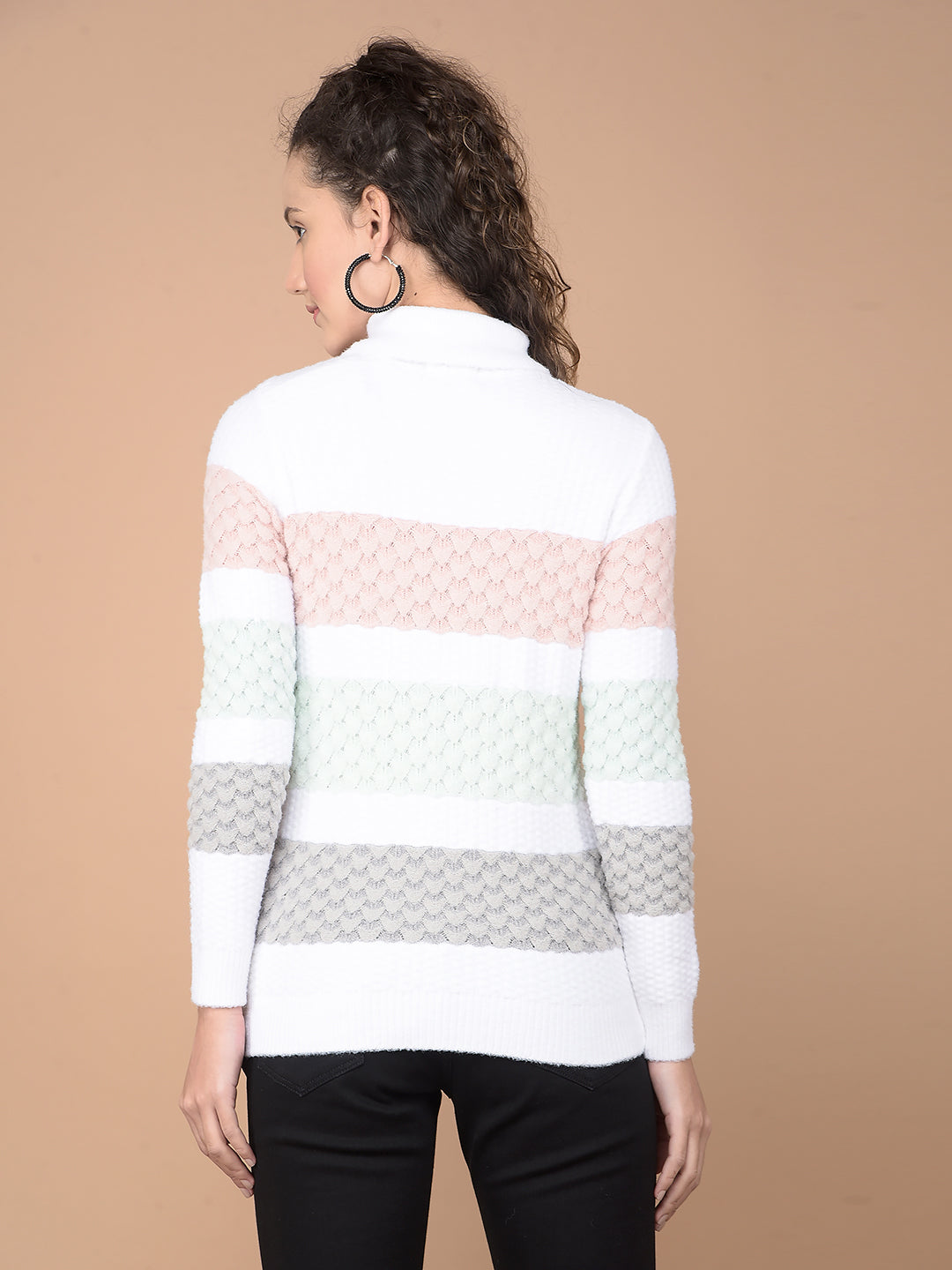 Multi-Color Horizontal Stripes High Neck Sweater-Women Sweaters-Crimsoune Club