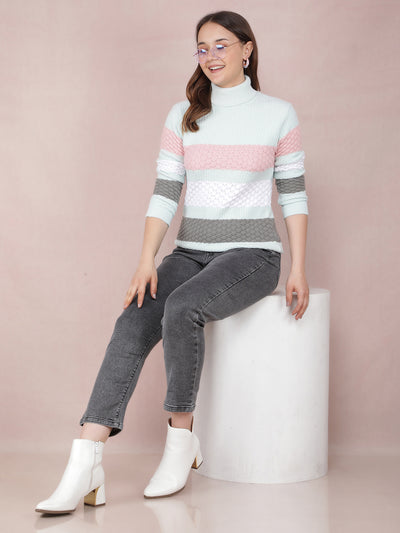 Green Color-Blocked Sweater-Women Sweaters-Crimsoune Club