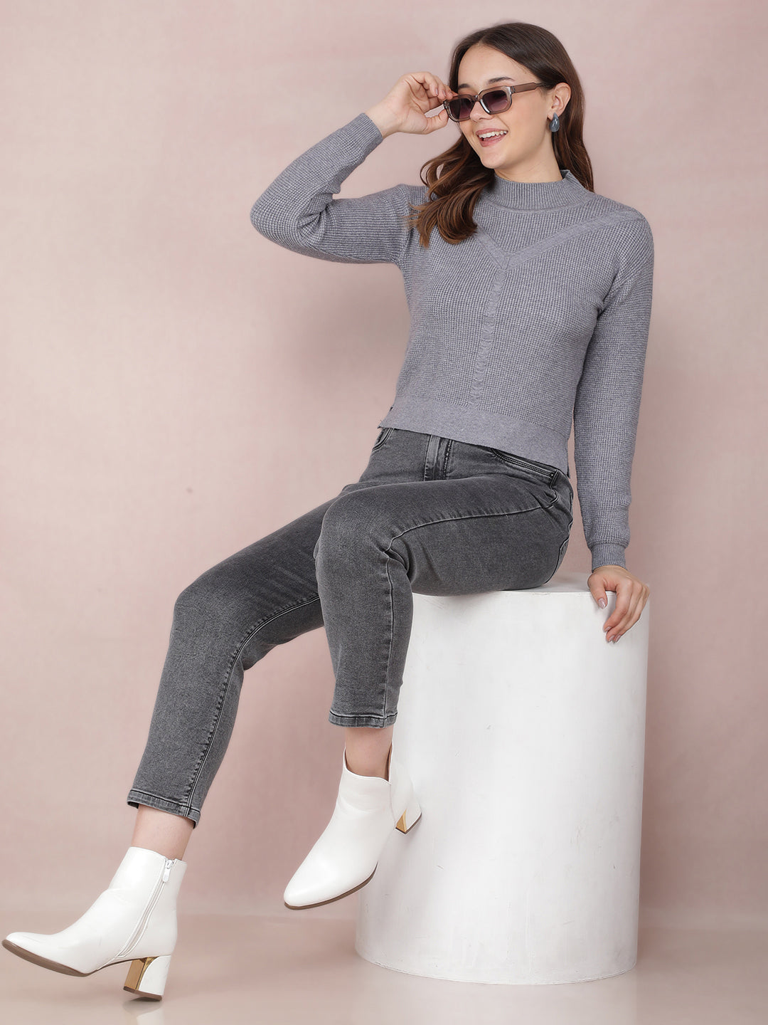 Grey Cropped Sweater-Women Sweaters-Crimsoune Club