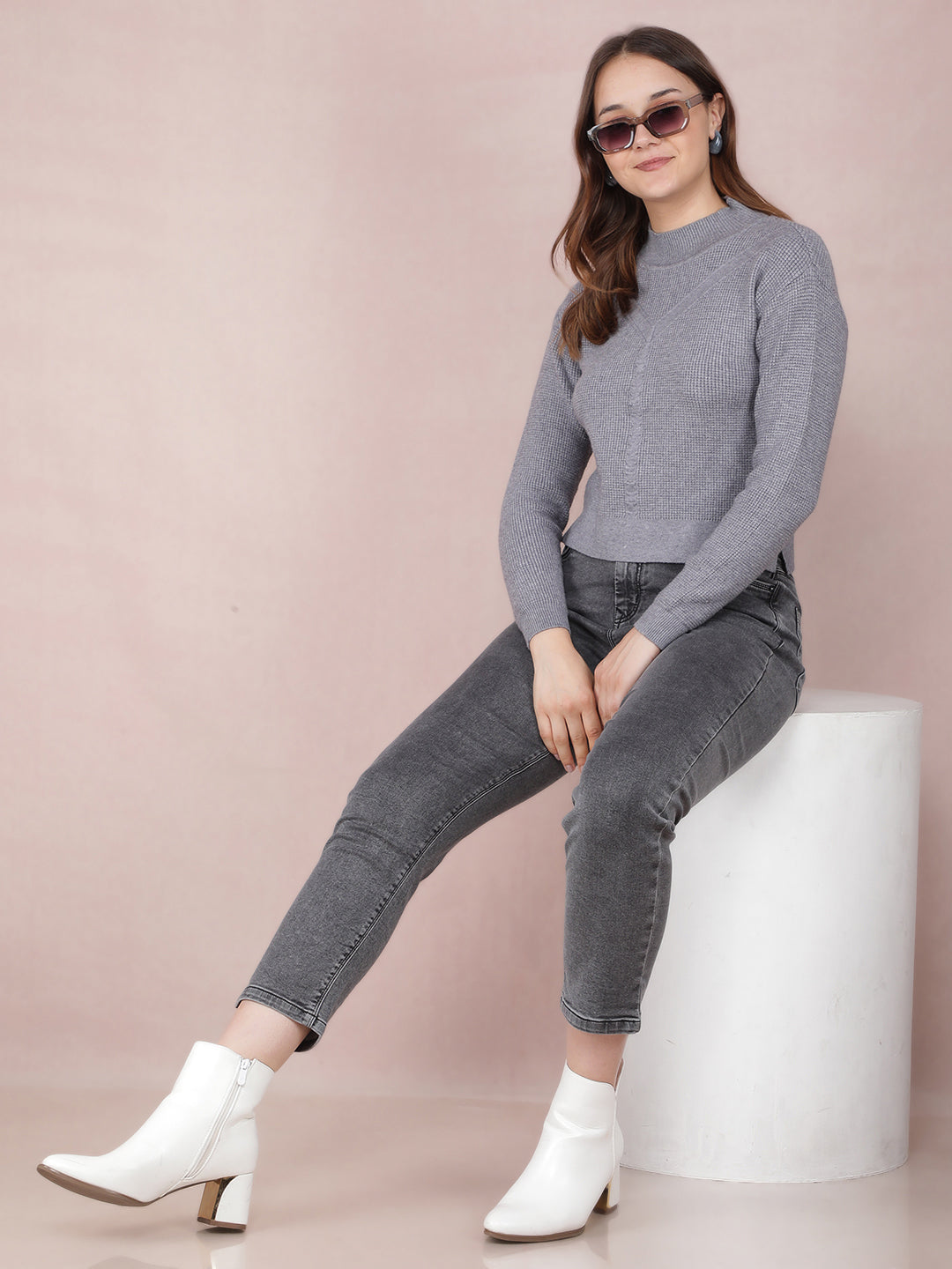 Grey Cropped Sweater-Women Sweaters-Crimsoune Club