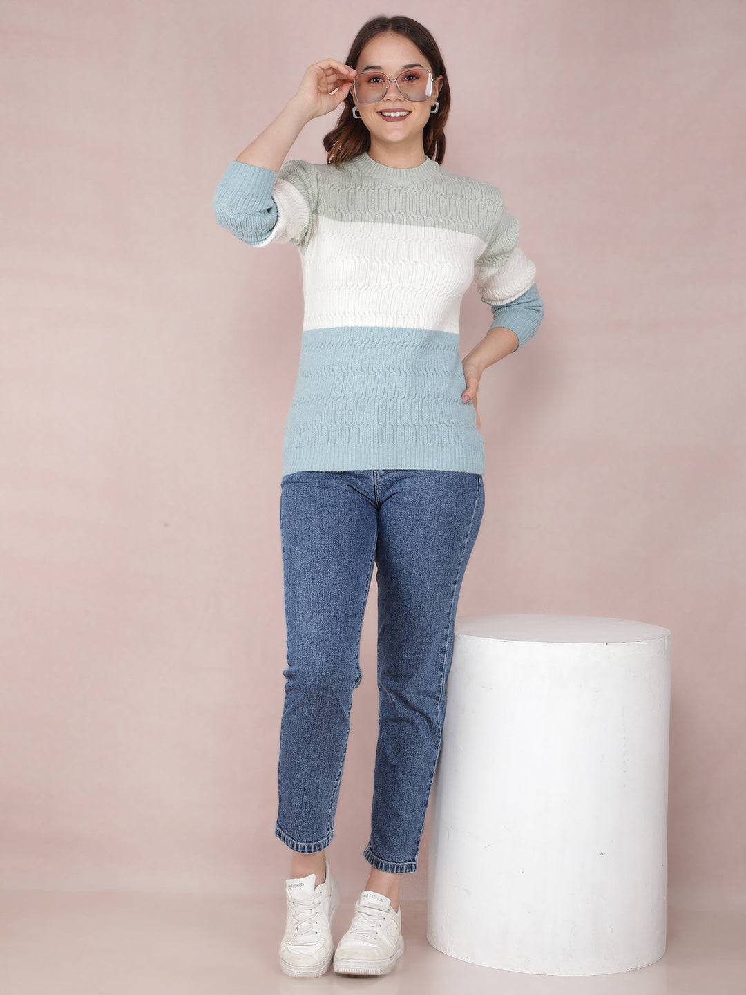 Green Color-Blocked Acrylic Sweater-Women Sweaters-Crimsoune Club