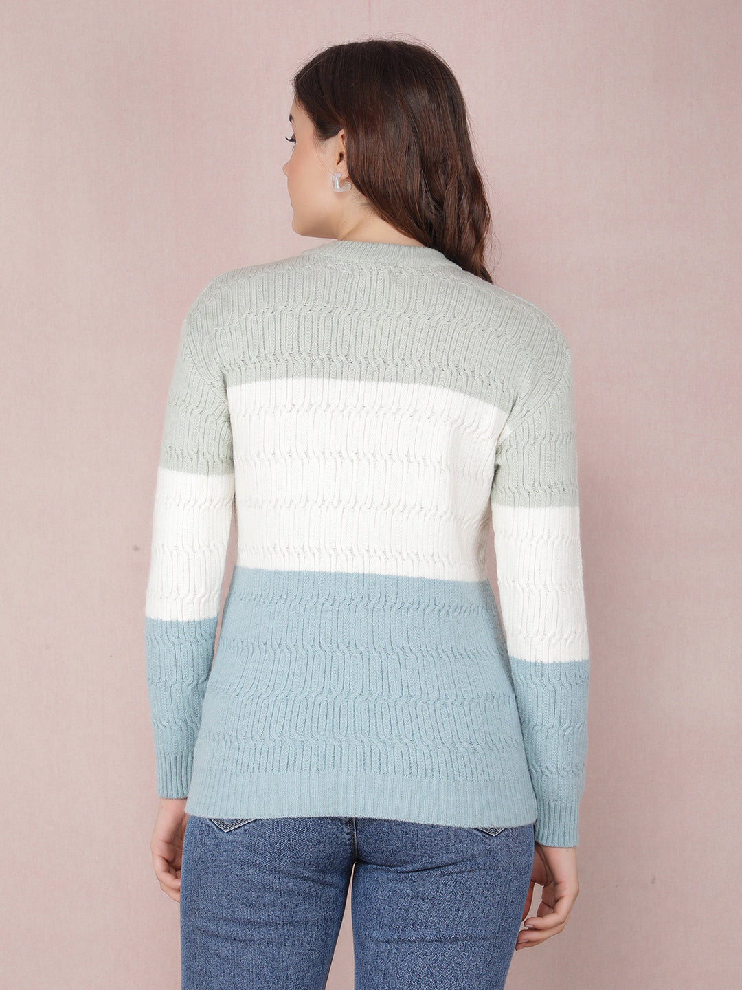 Green Color-Blocked Acrylic Sweater-Women Sweaters-Crimsoune Club