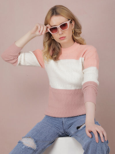 Peach Color-Blocked Acrylic Sweater-Women Sweaters-Crimsoune Club