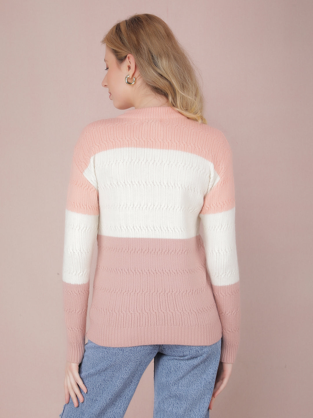 Peach Color-Blocked Acrylic Sweater-Women Sweaters-Crimsoune Club