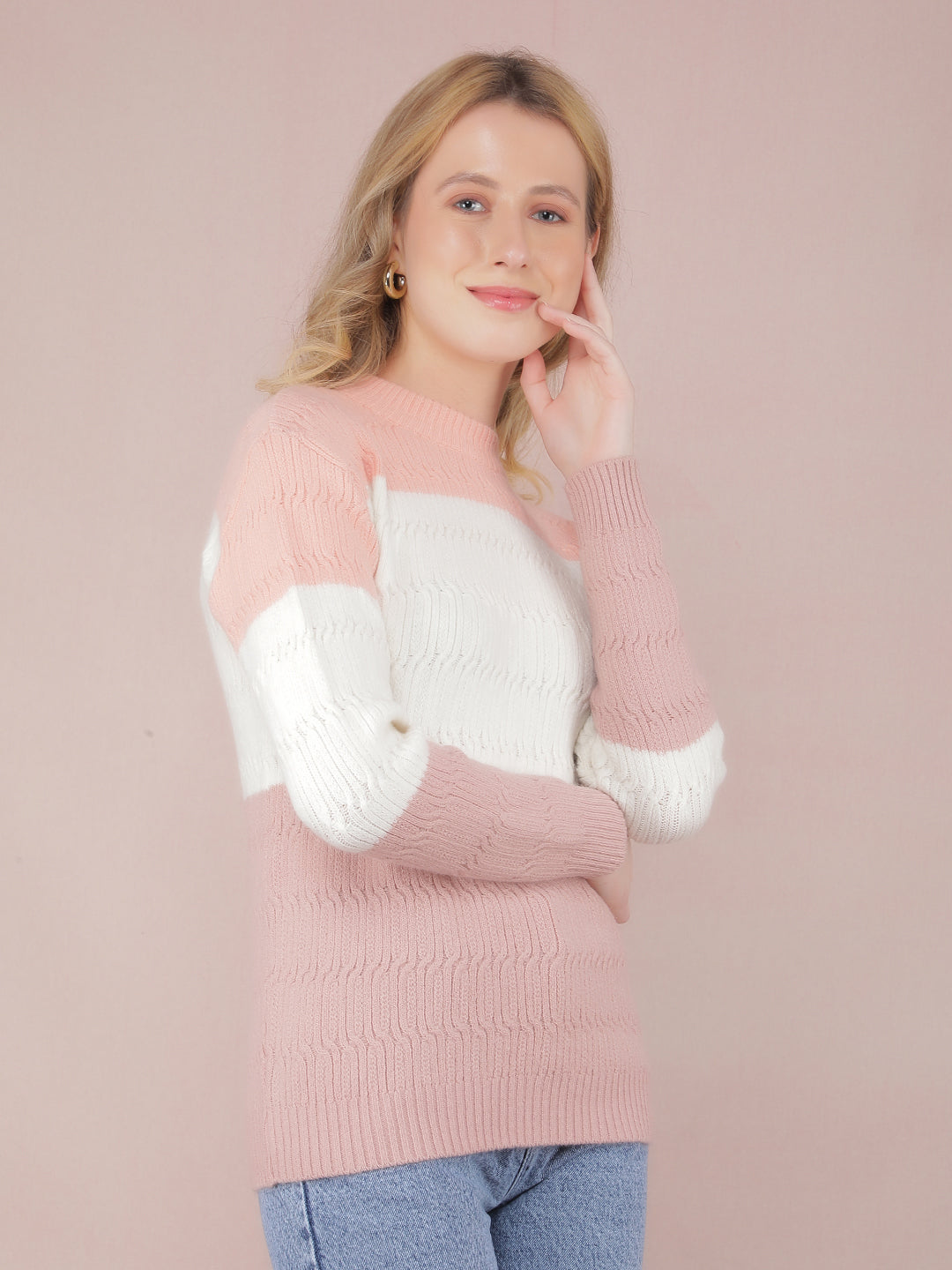 Peach Color-Blocked Acrylic Sweater-Women Sweaters-Crimsoune Club