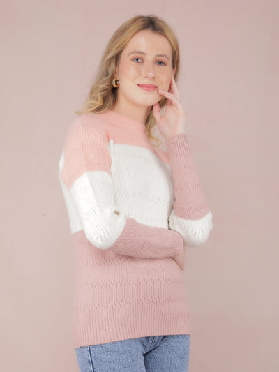 Peach Color-Blocked Acrylic Sweater-Women Sweaters-Crimsoune Club