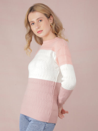 Peach Color-Blocked Acrylic Sweater-Women Sweaters-Crimsoune Club