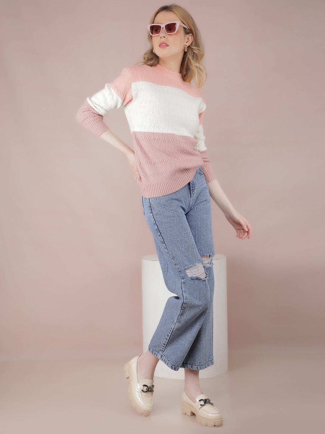 Peach Color-Blocked Acrylic Sweater-Women Sweaters-Crimsoune Club