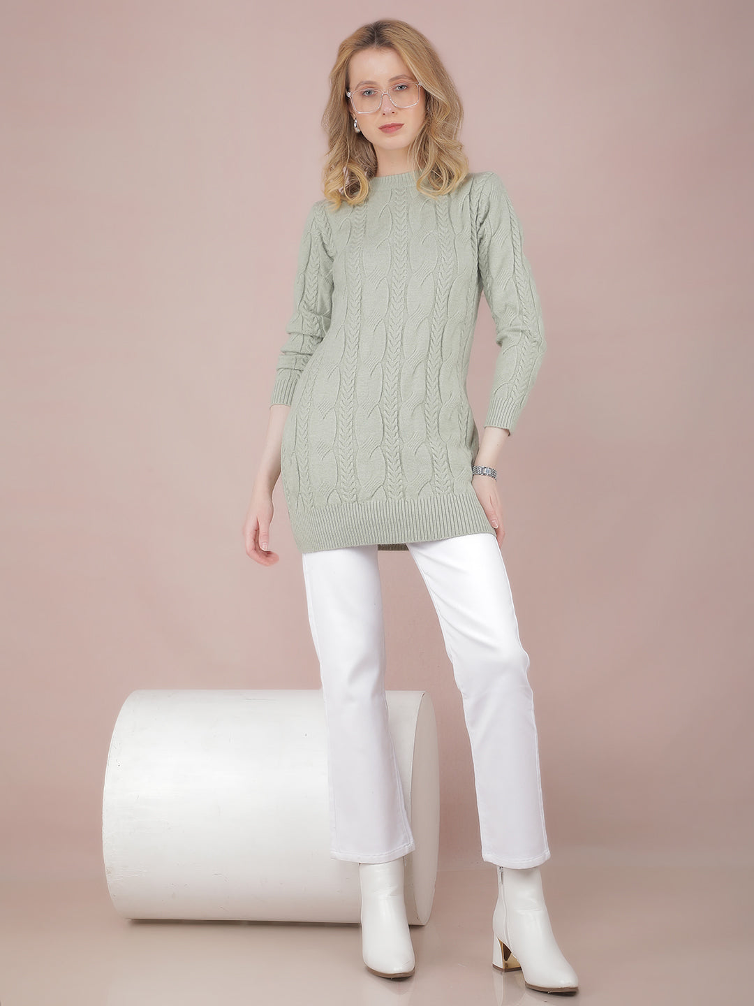 Green Long Length Acrylic Sweater-Women Sweaters-Crimsoune Club