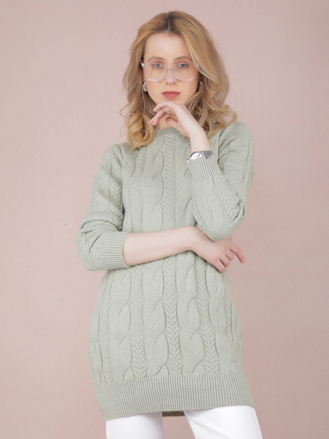 Green Long Length Acrylic Sweater-Women Sweaters-Crimsoune Club