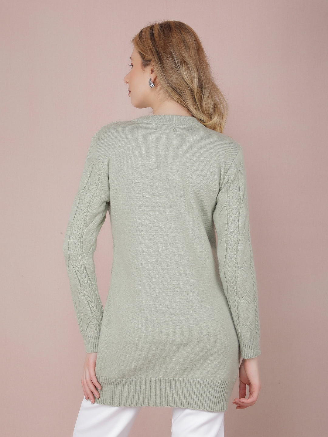 Green Long Length Acrylic Sweater-Women Sweaters-Crimsoune Club