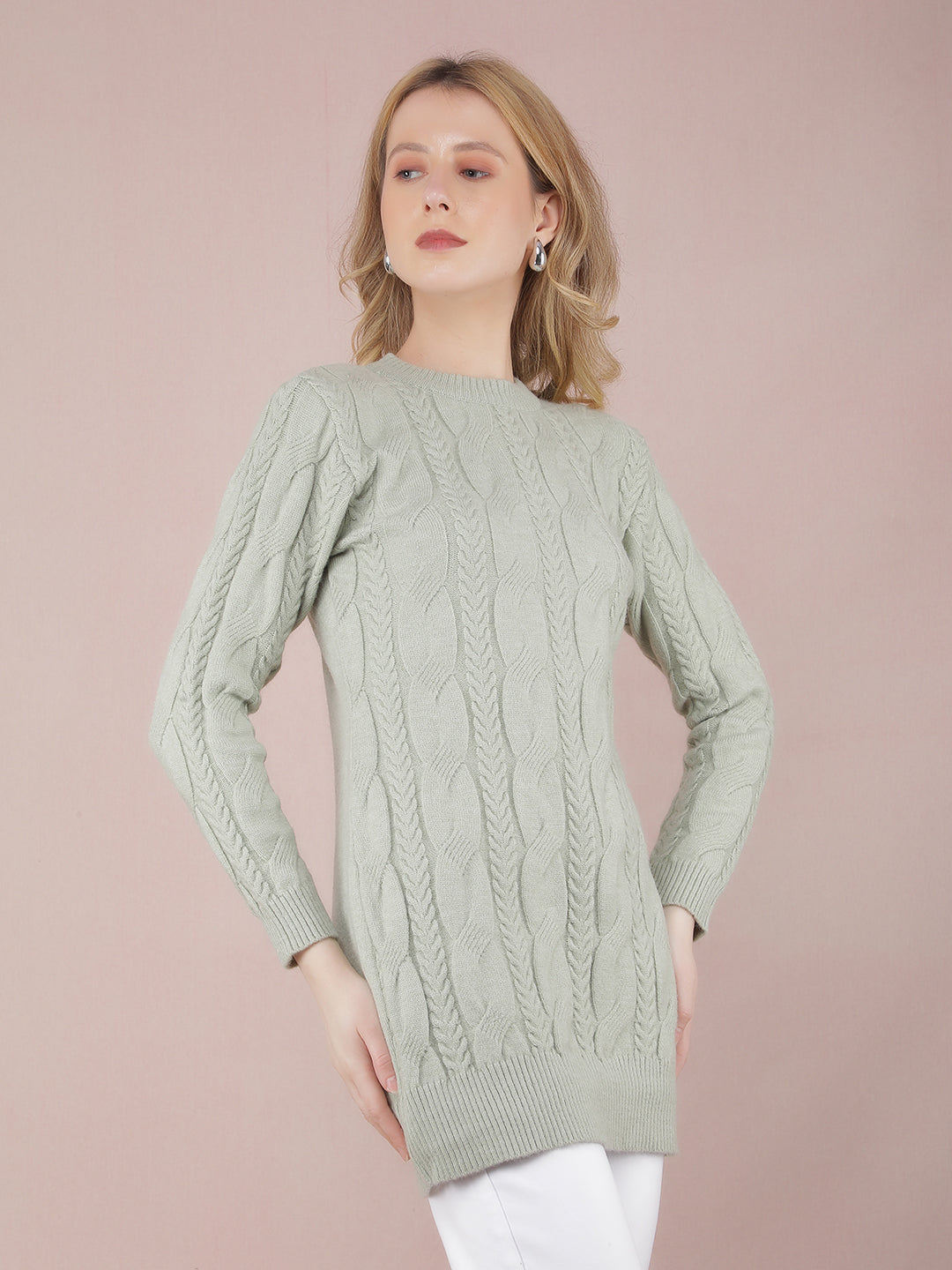 Green Long Length Acrylic Sweater-Women Sweaters-Crimsoune Club