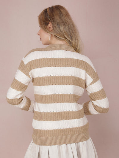 Beige Horizontal Striped Acrylic Sweater-Women Sweaters-Crimsoune Club