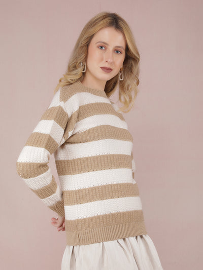 Beige Horizontal Striped Acrylic Sweater-Women Sweaters-Crimsoune Club