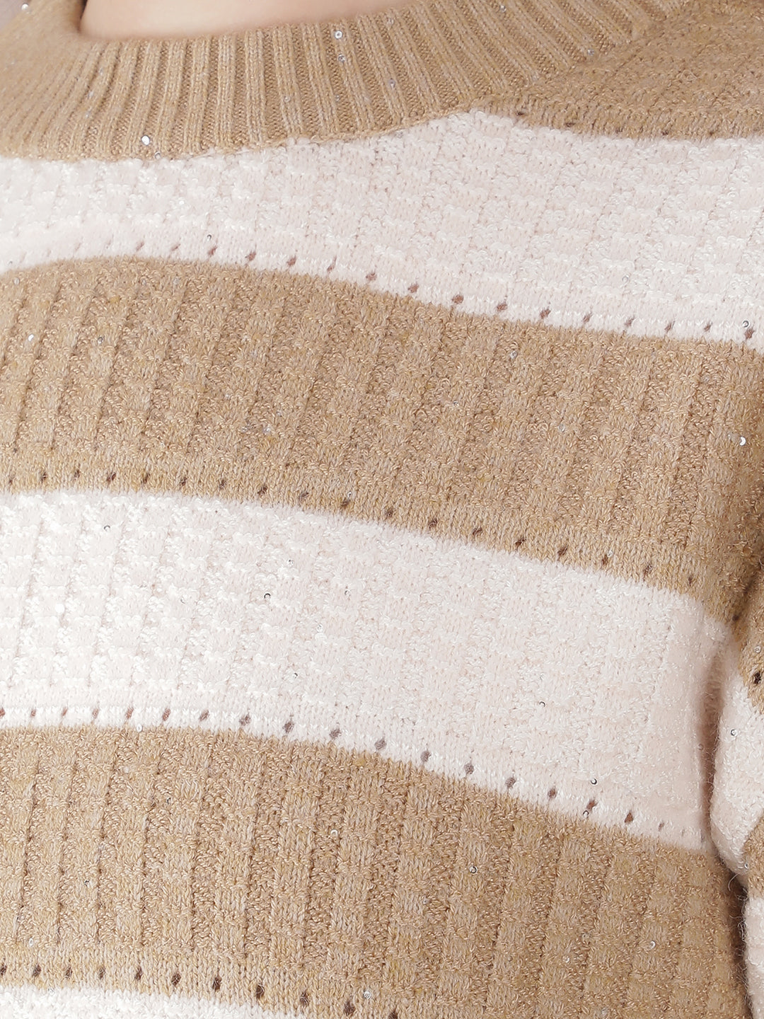 Beige Horizontal Striped Acrylic Sweater-Women Sweaters-Crimsoune Club