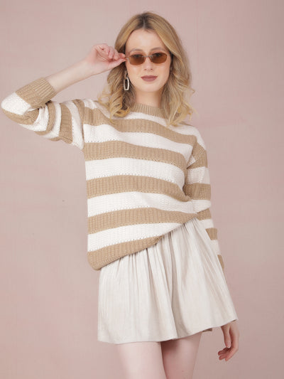 Beige Horizontal Striped Acrylic Sweater-Women Sweaters-Crimsoune Club