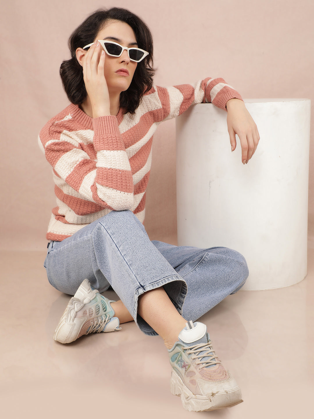 Peach Horizontal Striped Acrylic Sweater-Women Sweaters-Crimsoune Club