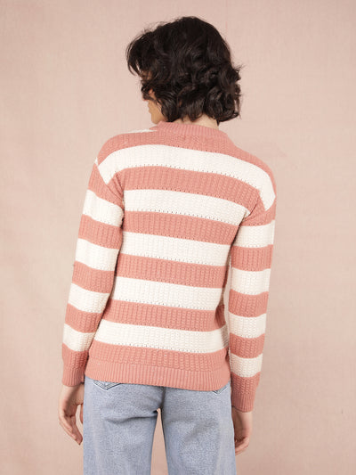 Peach Horizontal Striped Acrylic Sweater-Women Sweaters-Crimsoune Club