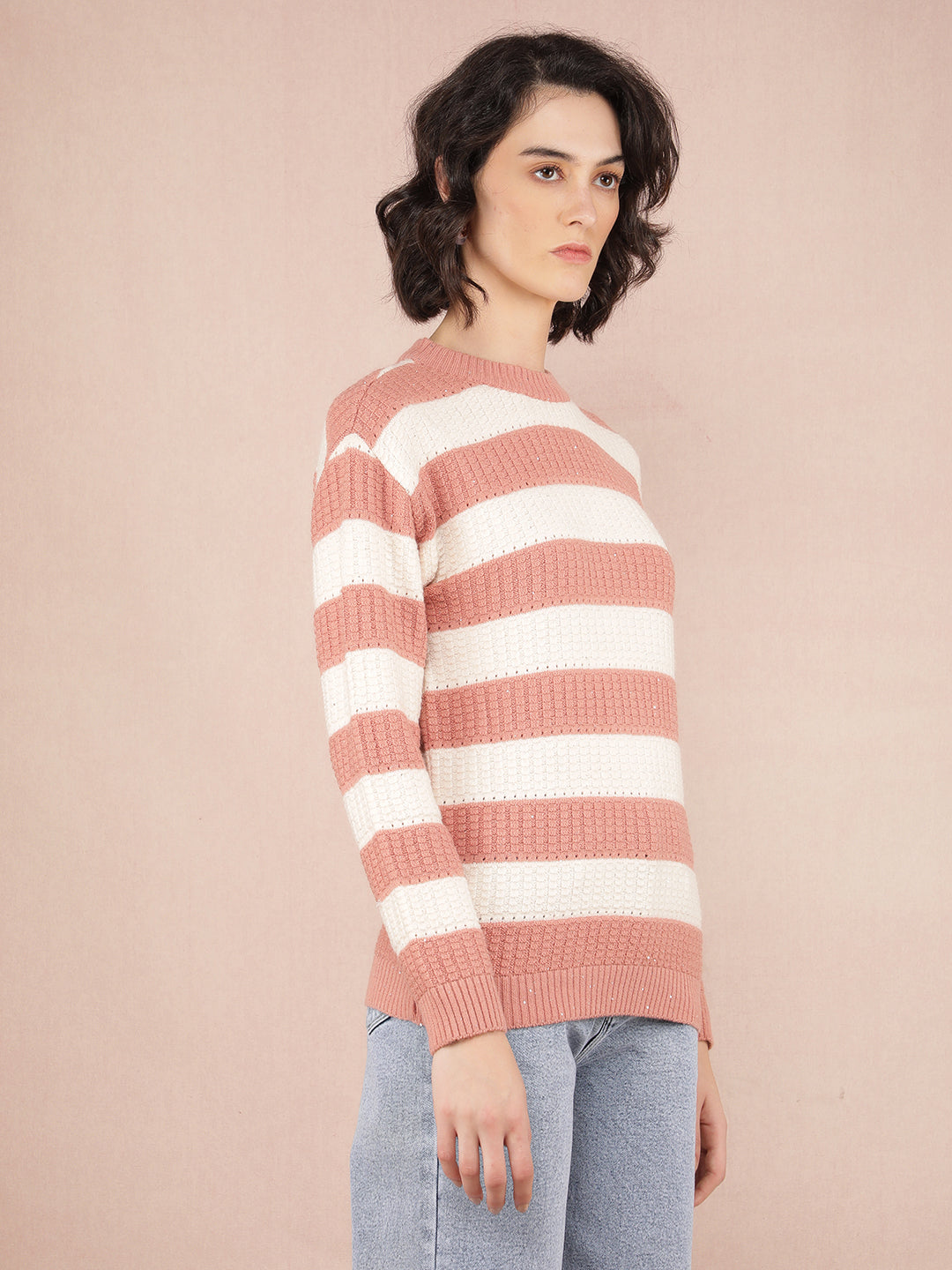 Peach Horizontal Striped Acrylic Sweater-Women Sweaters-Crimsoune Club