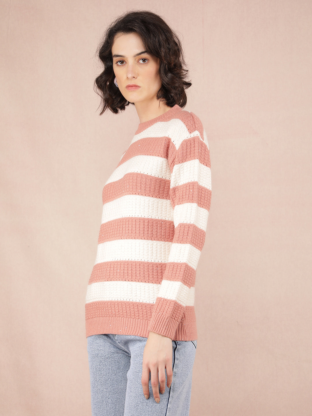 Peach Horizontal Striped Acrylic Sweater-Women Sweaters-Crimsoune Club